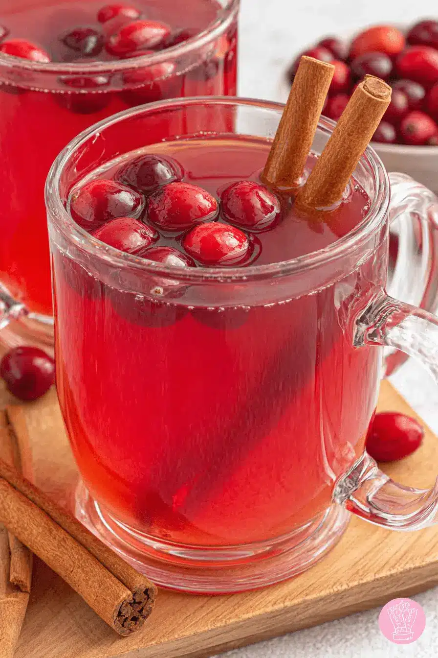Vibrant cranberry cider in a clear glass mug with cinnamon sticks and fresh cranberries, set on a wooden surface.
